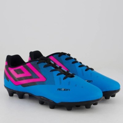 Chuteira Umbro Action Campo Juvenil Azul e Rosa