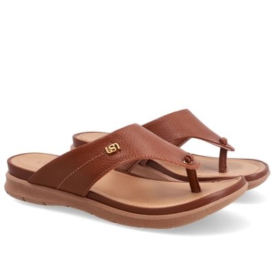 Chinelo Em Couro Marrom Com Solado Rasteiro