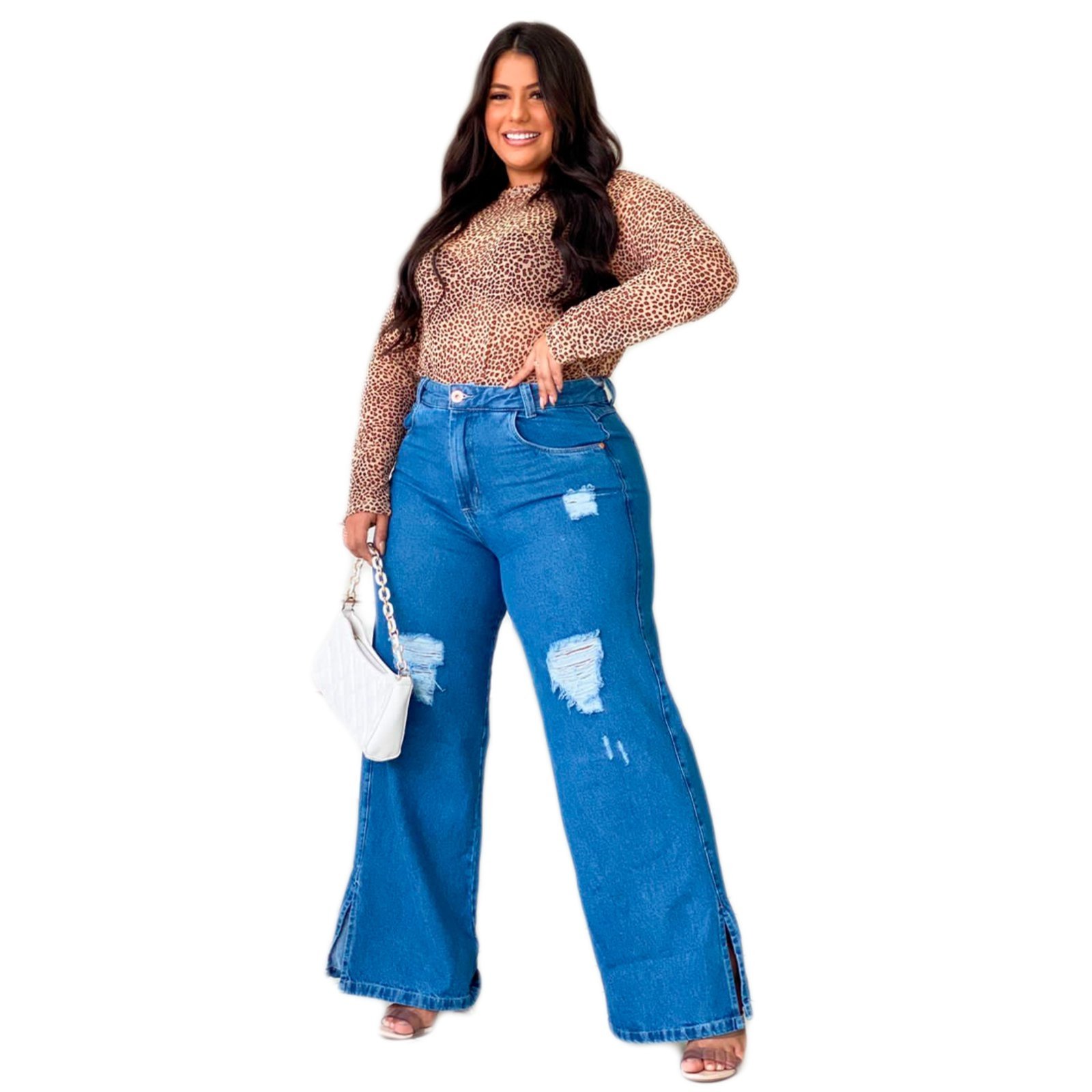 Kit 2 Calça Jeans Plus Size Wide Leg Pantalona Cintura Alta Azul ...