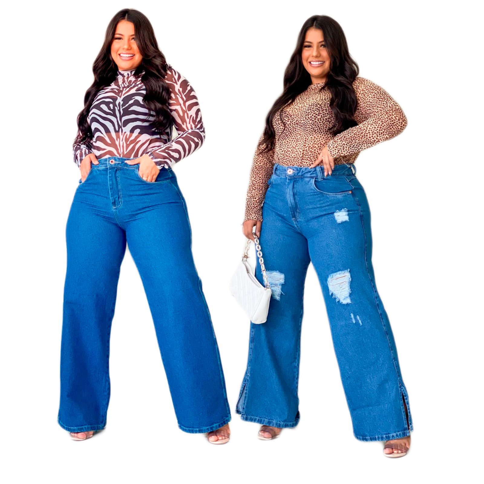 Kit 2 Calça Jeans Plus Size Wide Leg Pantalona Cintura Alta Azul Compre Agora Dafiti Brasil