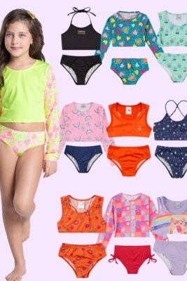Kit Sortido 6 Peças de Roupas Infantis Menina Moda Praia- 3 Tops + 3 Calcinhas