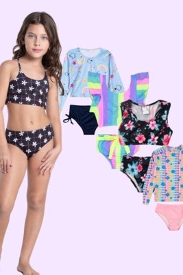 Kit Sortido 6 Peças de Roupas Infantis Menina Moda Praia- 3 Tops + 3 Calcinhas