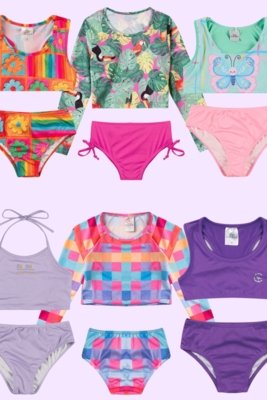 Kit Sortido 6 Peças de Roupas Infantis Menina Moda Praia- 3 Tops + 3 Calcinhas