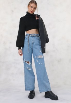 Calça Jeans Vero Moda Wide Leg Destroyed Azul