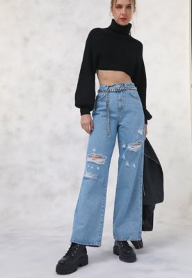 Calça Jeans Vero Moda Wide Leg Destroyed Azul