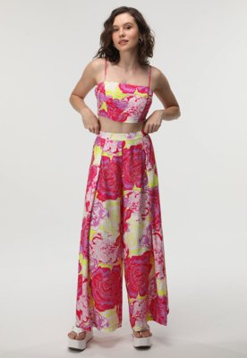 Calça Vero Moda Pantalona Floral Rosa