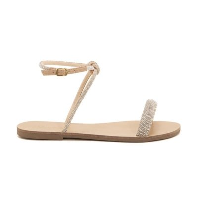 Sandália Rasteira Feminina Tiras Transpassada Strass Off-white