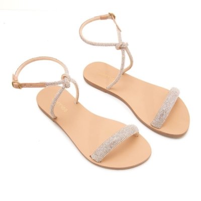 Sandália Rasteira Feminina Tiras Transpassada Strass Off-white