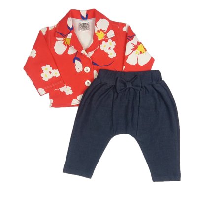 Conjunto Victória Augusto Bebê Casaquinho Floral Calça Saruel Jeans Menor preço em Conjunto Victória Augusto Bebê Casaquinho Floral Calça Saruel Jeans