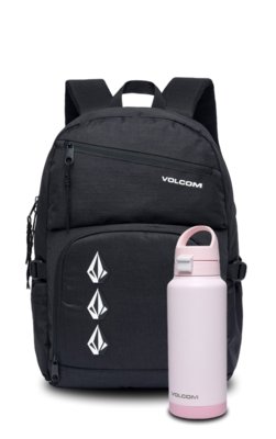 Kit Mochila Universitária Resistente Garrafa Rosa Aço Inox 1L Volcom