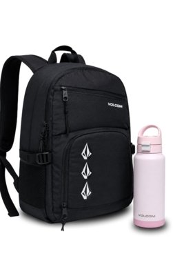 Kit Mochila Universitária Resistente Garrafa Rosa Aço Inox 1L Volcom