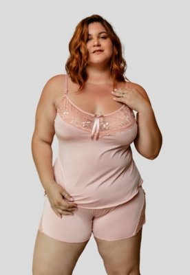 Baby Doll Plus Size WLS Modas Liganete Com Renda Feminino Rosa