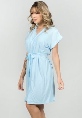 Camisola Feminina WLS Modas Amamentação com Robe Pós Parto Azul Claro