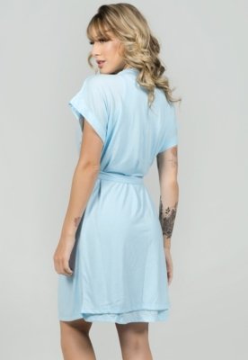 Camisola Feminina WLS Modas Amamentação com Robe Pós Parto Azul Claro