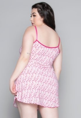 Camisola Plus Size WLS Modas Liganete Estampada Poá Roupa de Dormir Rosa