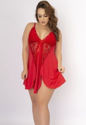 Camisola Plus Size WLS Modas Romantic Renda Lis Vermelho