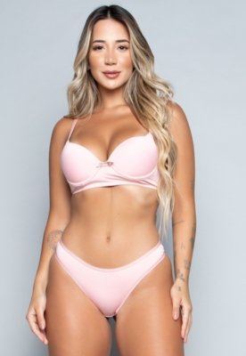 Conjunto Lingerie Básico WLS Modas Calcinha e Sutiã Com Bojo Rosa Claro