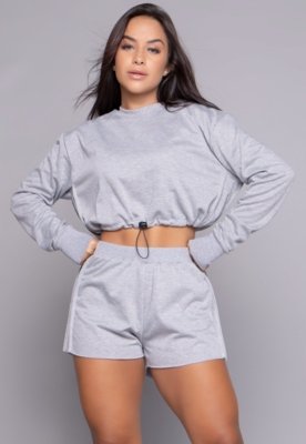 Conjunto WLS Modas Cropped Manga Longa Gringa e Short Cós Alto Moletinho Cinza