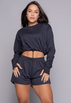 Conjunto WLS Modas Cropped Manga Longa Gringa e Short Cós Alto Moletinho Preto