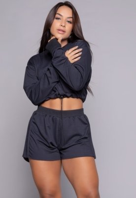 Conjunto WLS Modas Cropped Manga Longa Gringa e Short Cós Alto Moletinho Preto