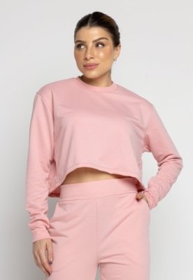 Cropped Blusa Moletinho WLS Modas Moda Gringa Manga Longa Rosa