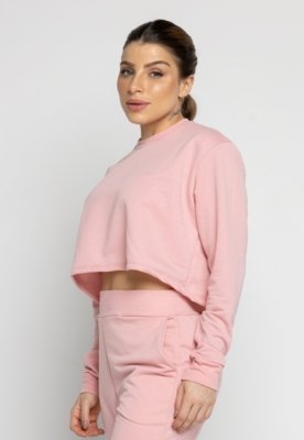 Cropped Blusa Moletinho WLS Modas Moda Gringa Manga Longa Rosa