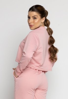 Cropped Blusa Moletinho WLS Modas Moda Gringa Manga Longa Rosa
