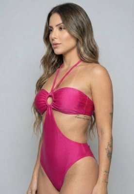 Maiô WLS Modas em Com Bojo Liso Recorte Lateral Rosa