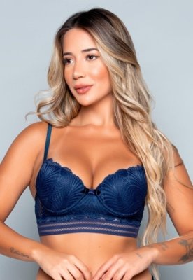 Sutiã WLS Modas Lingerie Com Bojo Renda E Elástico Marinho