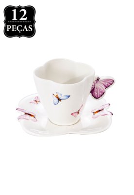 KIT JOGO DE CHÁ 3 PEÇAS PORCELANA BORBOLETA E FLORES Garrafas e