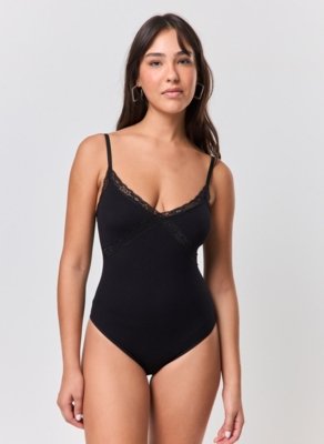 Body Canelado Poliamida E Renda