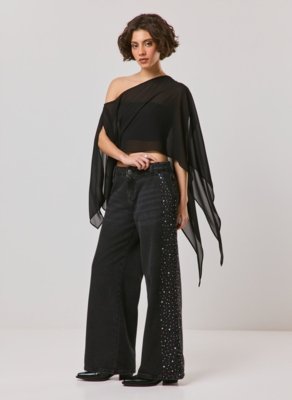 Calça Jeans Wide Leg Com Strass