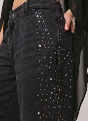 Calça Jeans Wide Leg Com Strass
