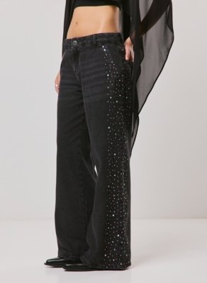 Calça Jeans Wide Leg Com Strass