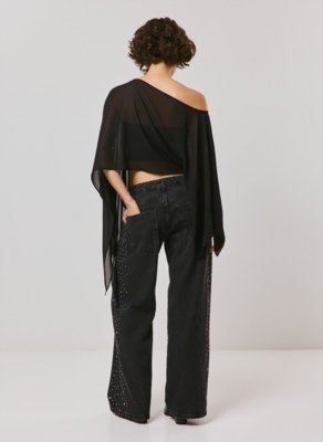 Calça Jeans Wide Leg Com Strass