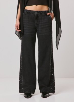 Calça Jeans Wide Leg Com Strass