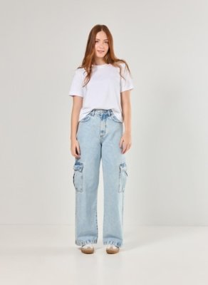 Calça Wide Leg Jeans Cargo