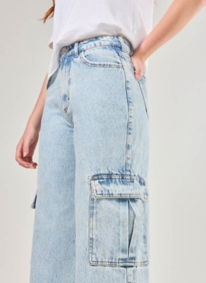 Calça Wide Leg Jeans Cargo