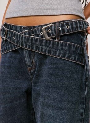 Calça Wide Leg Jeans Cós Transpassado