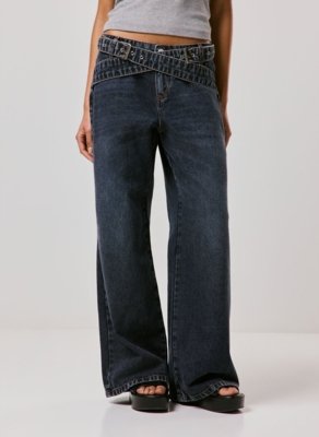 Calça Wide Leg Jeans Cós Transpassado