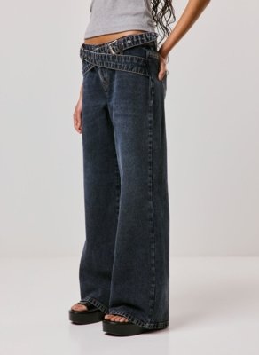 Calça Wide Leg Jeans Cós Transpassado