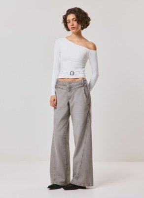 Calça Wide Leg Low Rise Studded
