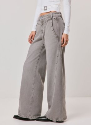 Calça Wide Leg Low Rise Studded