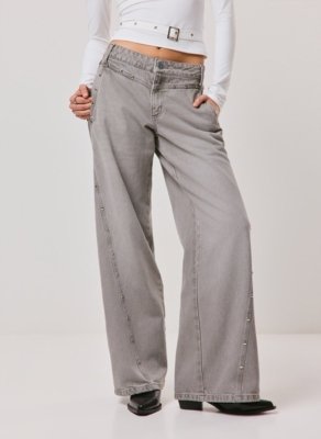 Calça Wide Leg Low Rise Studded
