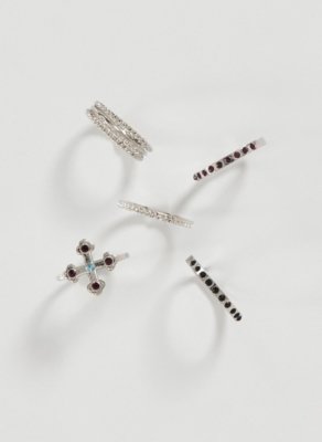 Conjunto 5 Anéis Prateados Strass Coloridas