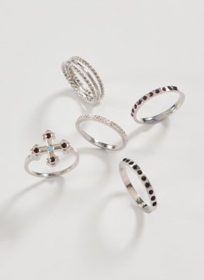 Conjunto 5 Anéis Prateados Strass Coloridas