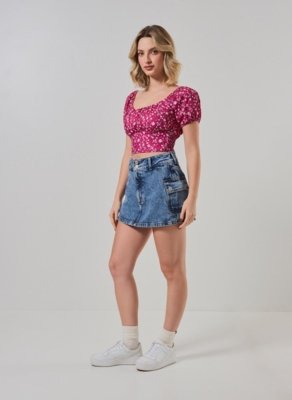 Cropped Romântico Rosa Estampado