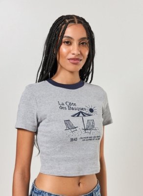 Mini Tee Cinza Praia Gola Azul