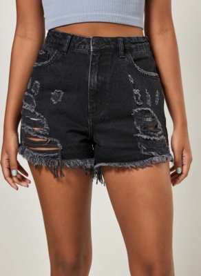 Short Jeans Preto Desfiado Com Rasgos