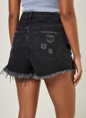 Short Jeans Preto Desfiado Com Rasgos